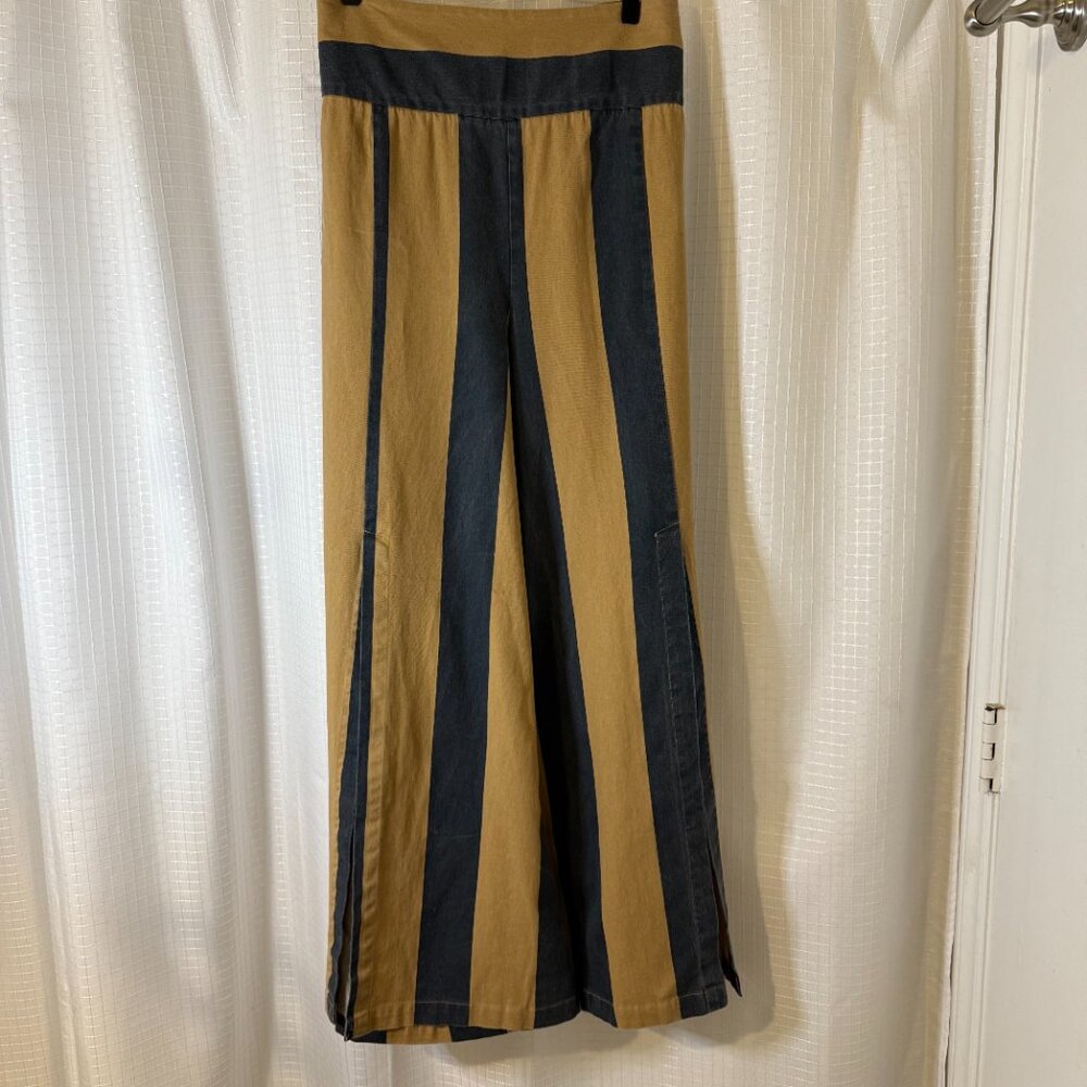 Free People Striped Wide-Leg Pants in Black and Tan with Slit to Knee